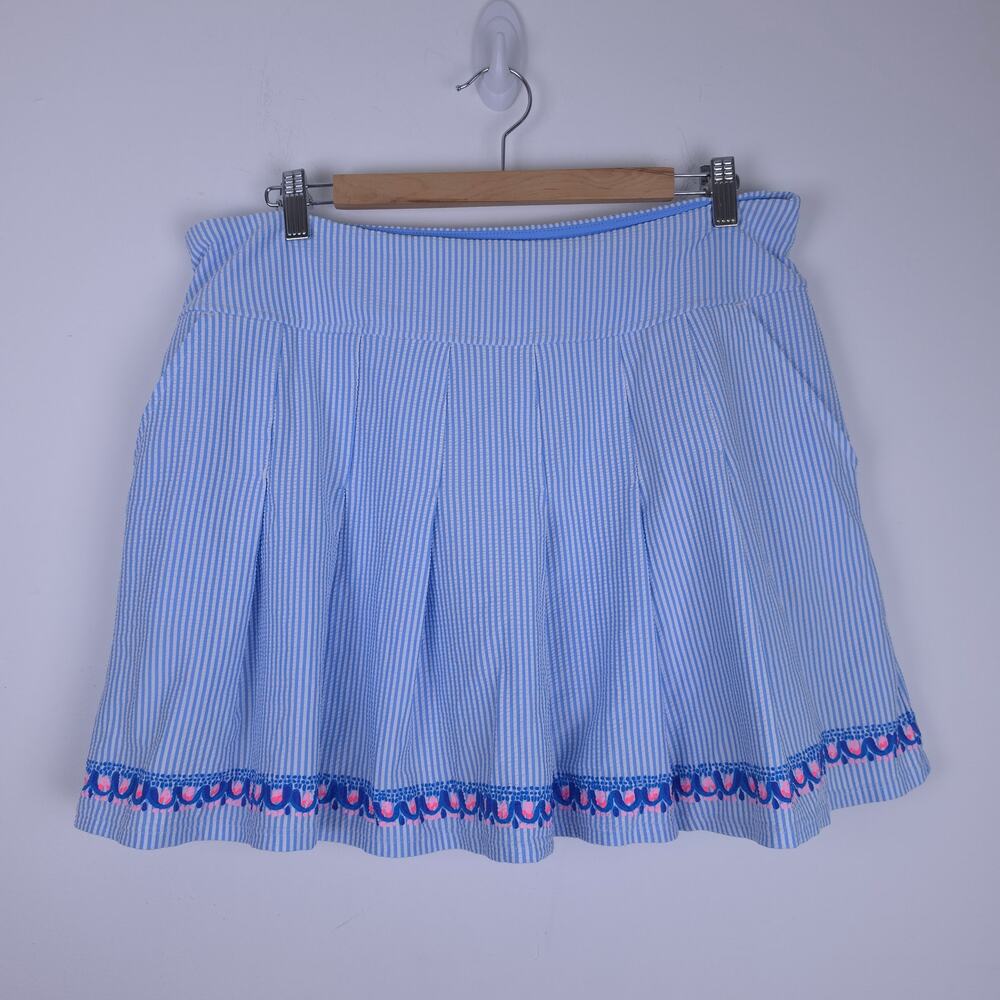 Lilly Pulitzer Luxletic Priska Skort Blue White Seersucker Stripe Pleated Sz 14